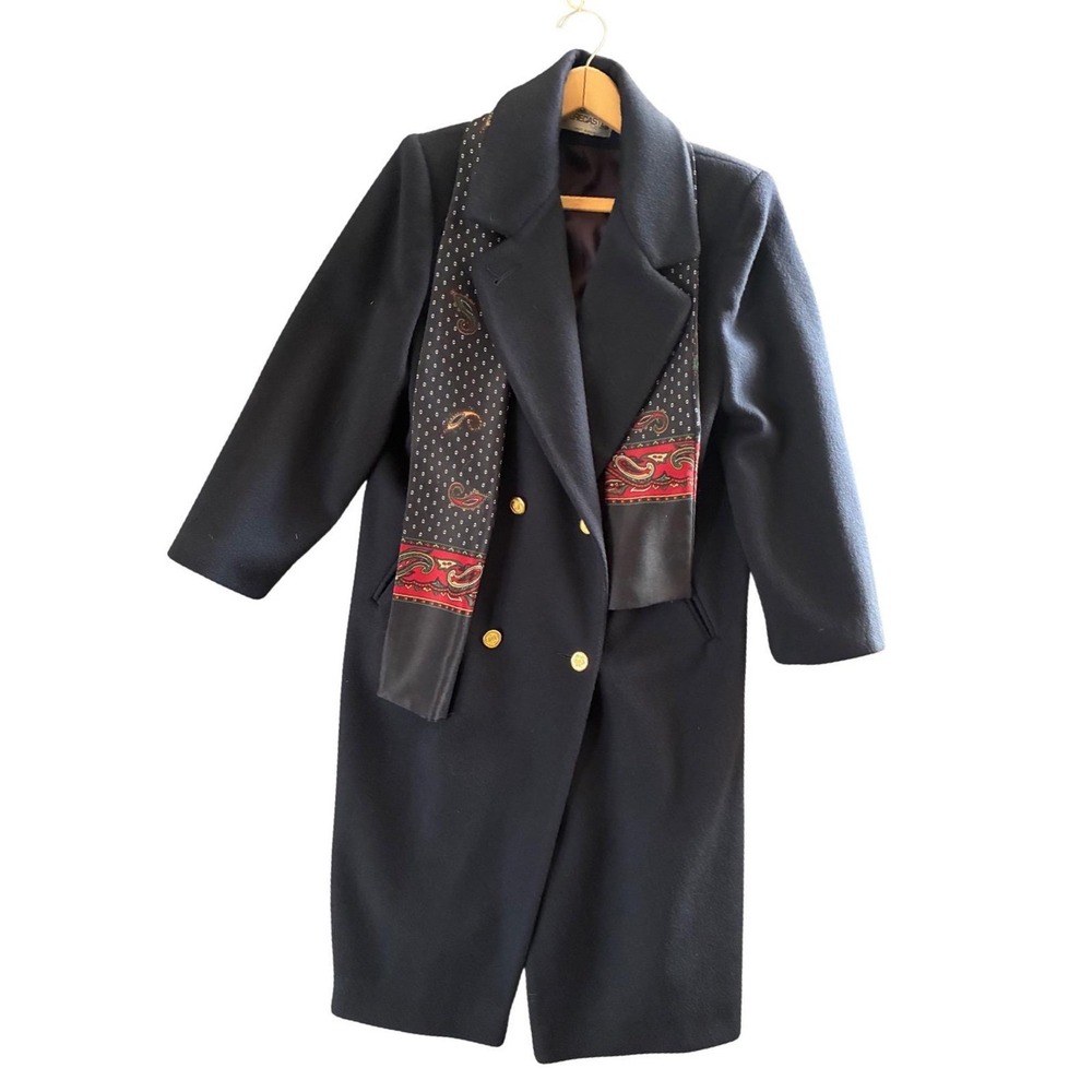 VTG 90s Forecaster of Boston Navy Blue 100% Pure Wool Scarf Coat Gold Buttons 6